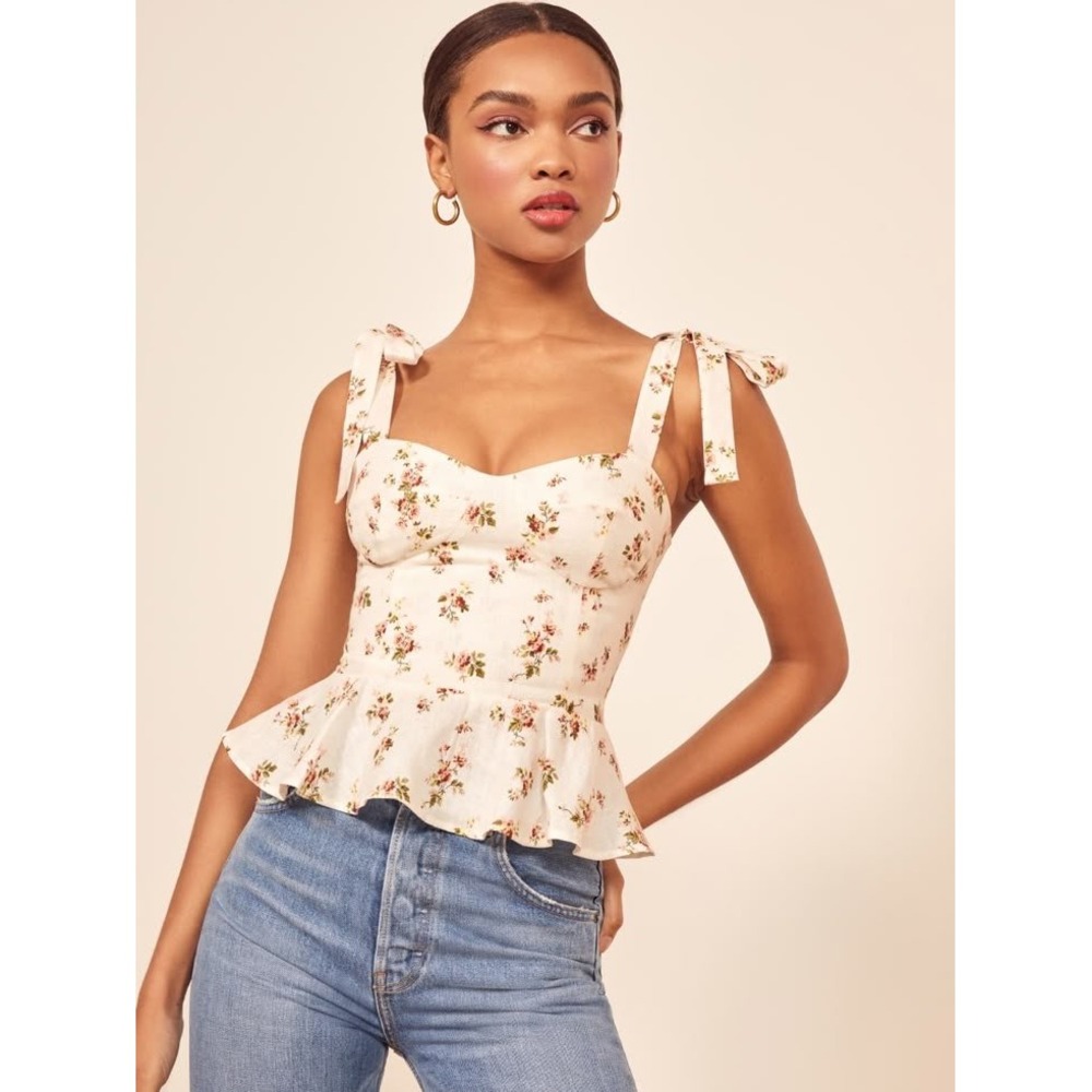 Reformation Kassi Top Geraldine Floral Linen Peplum Bustier Tie Strap Size 4